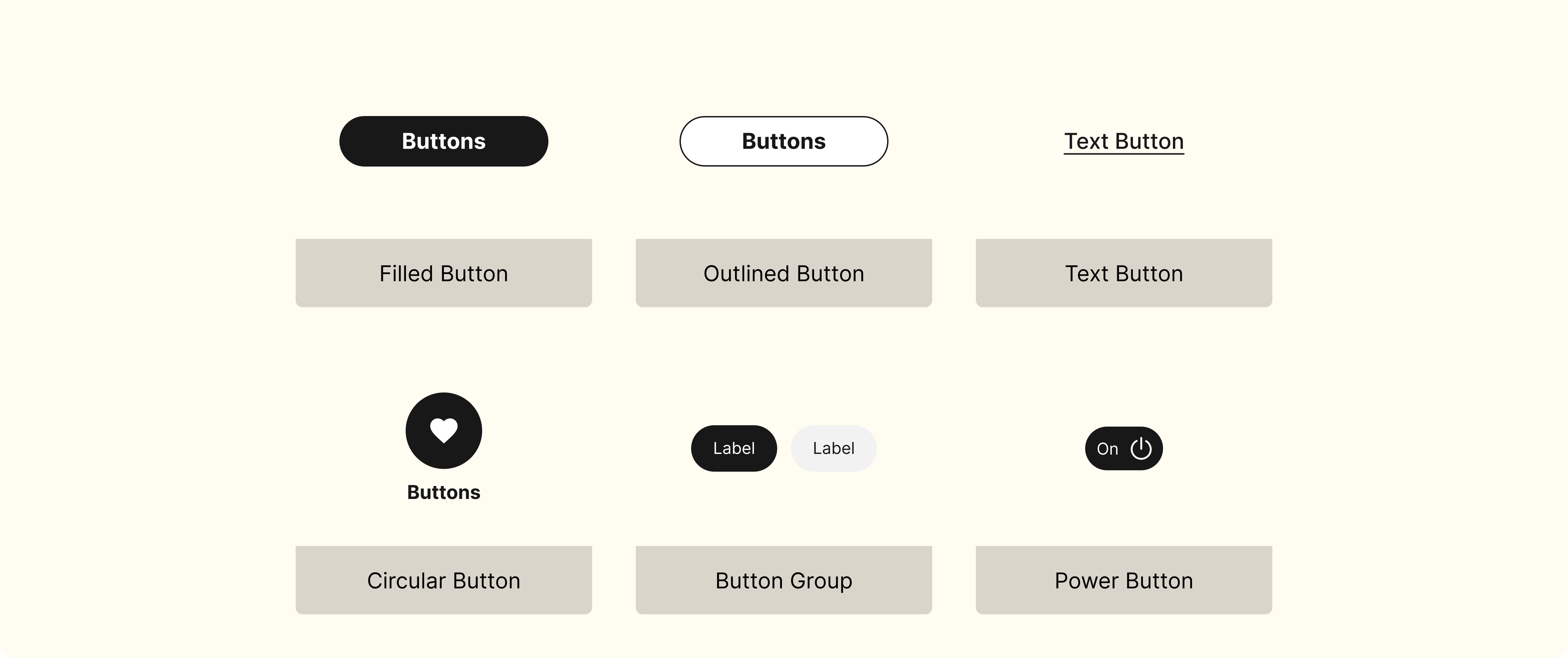 Button components — Filled, Outlined, Text, Circular, Button Group, Power Button