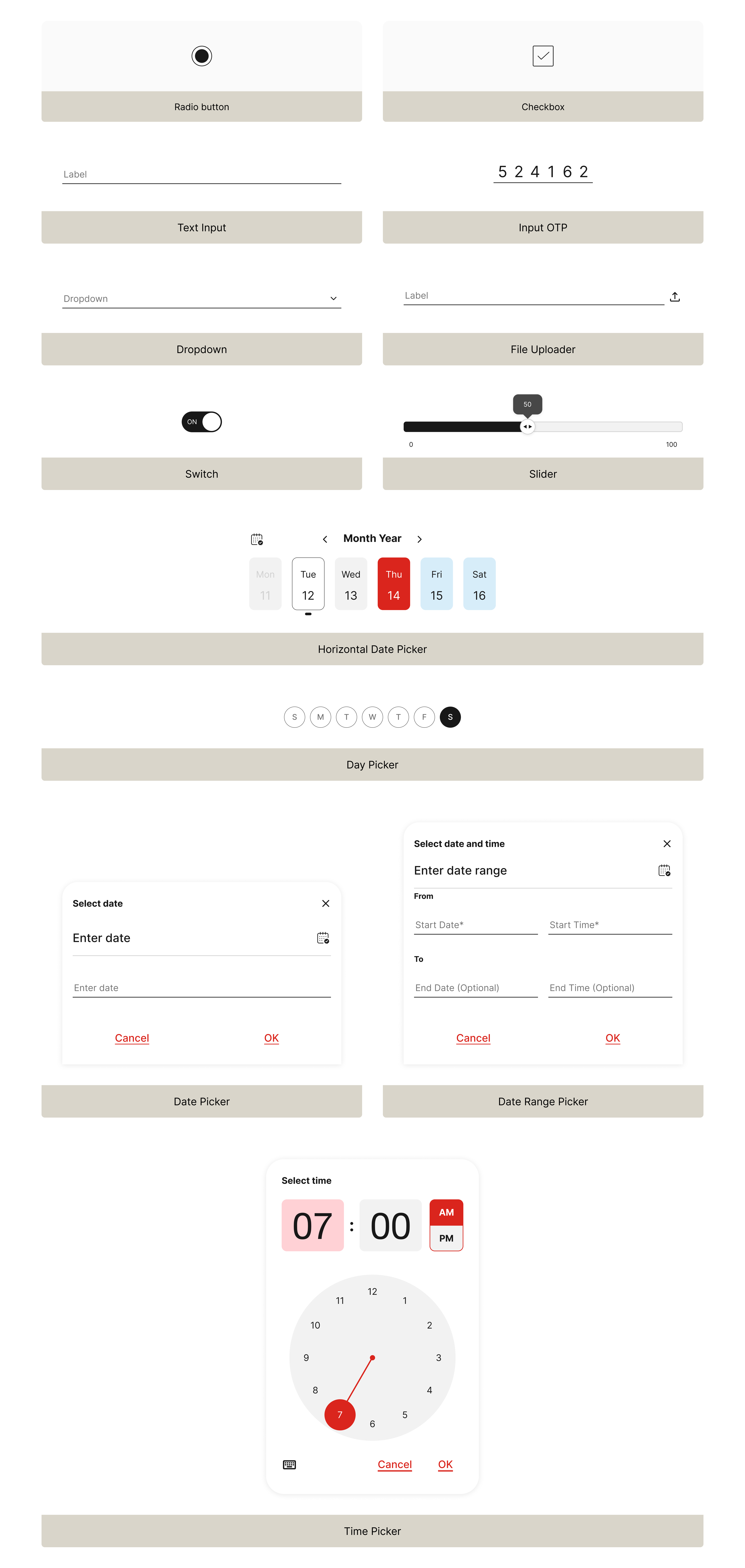 Input components — Radio, Checkbox, Text Input, OTP, Dropdown, File Uploader, Switch, Slider, Date Picker, Day Picker