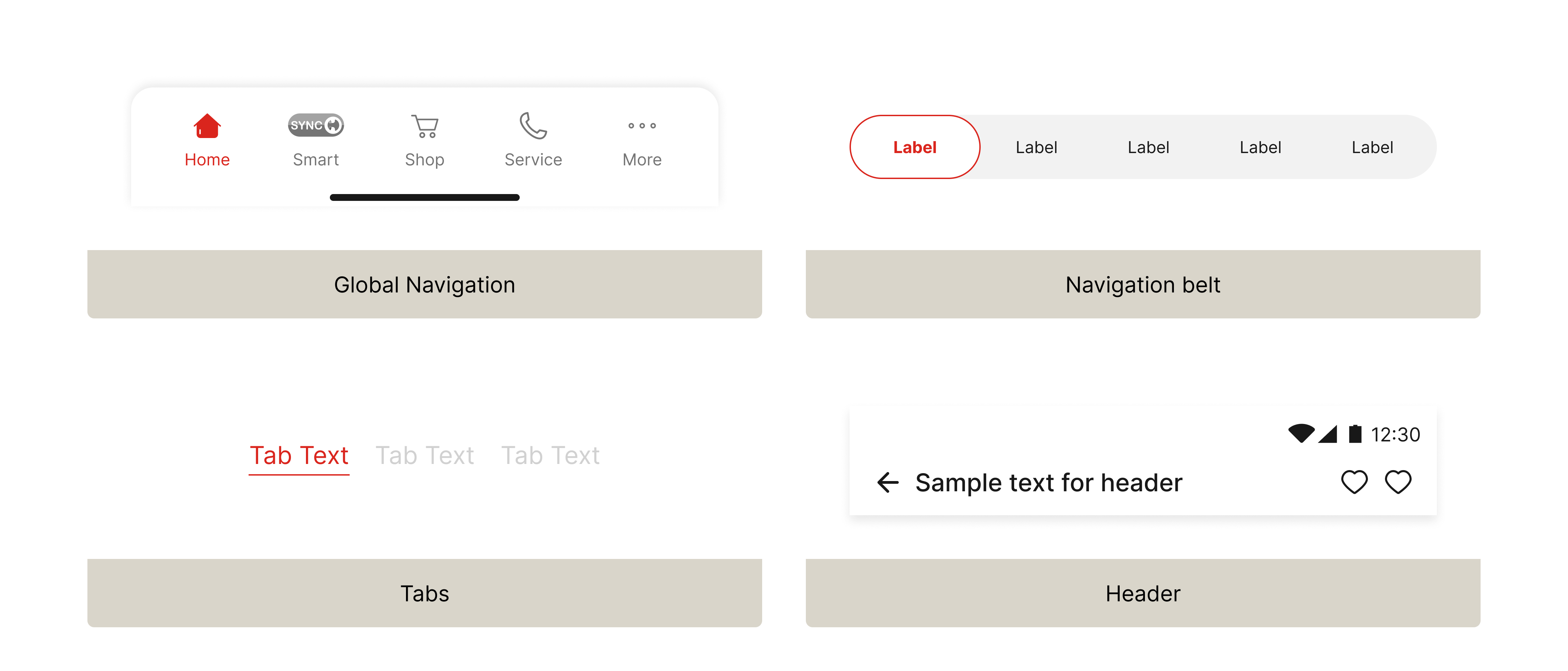 Navigation components — Global Navigation, Navigation Belt, Tabs, Header