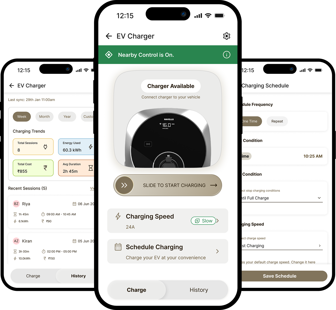 Three phone screens showing the Motron charging home, charging controls, and schedule screens