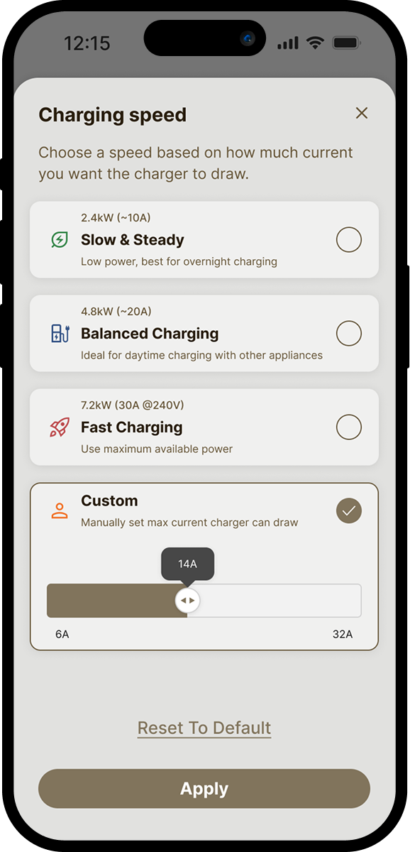Charging speed selection screen
