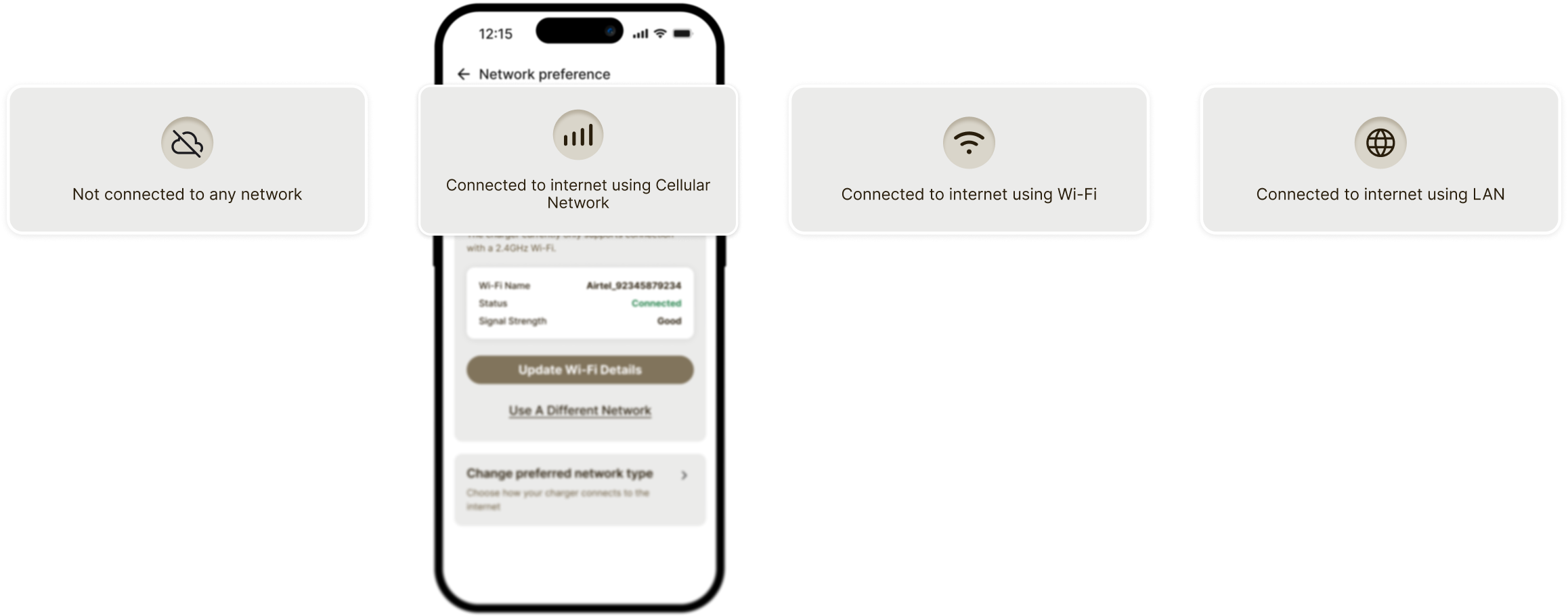 Four network-status states — not connected, cellular, Wi-Fi, and LAN — alongside the Network preference screen