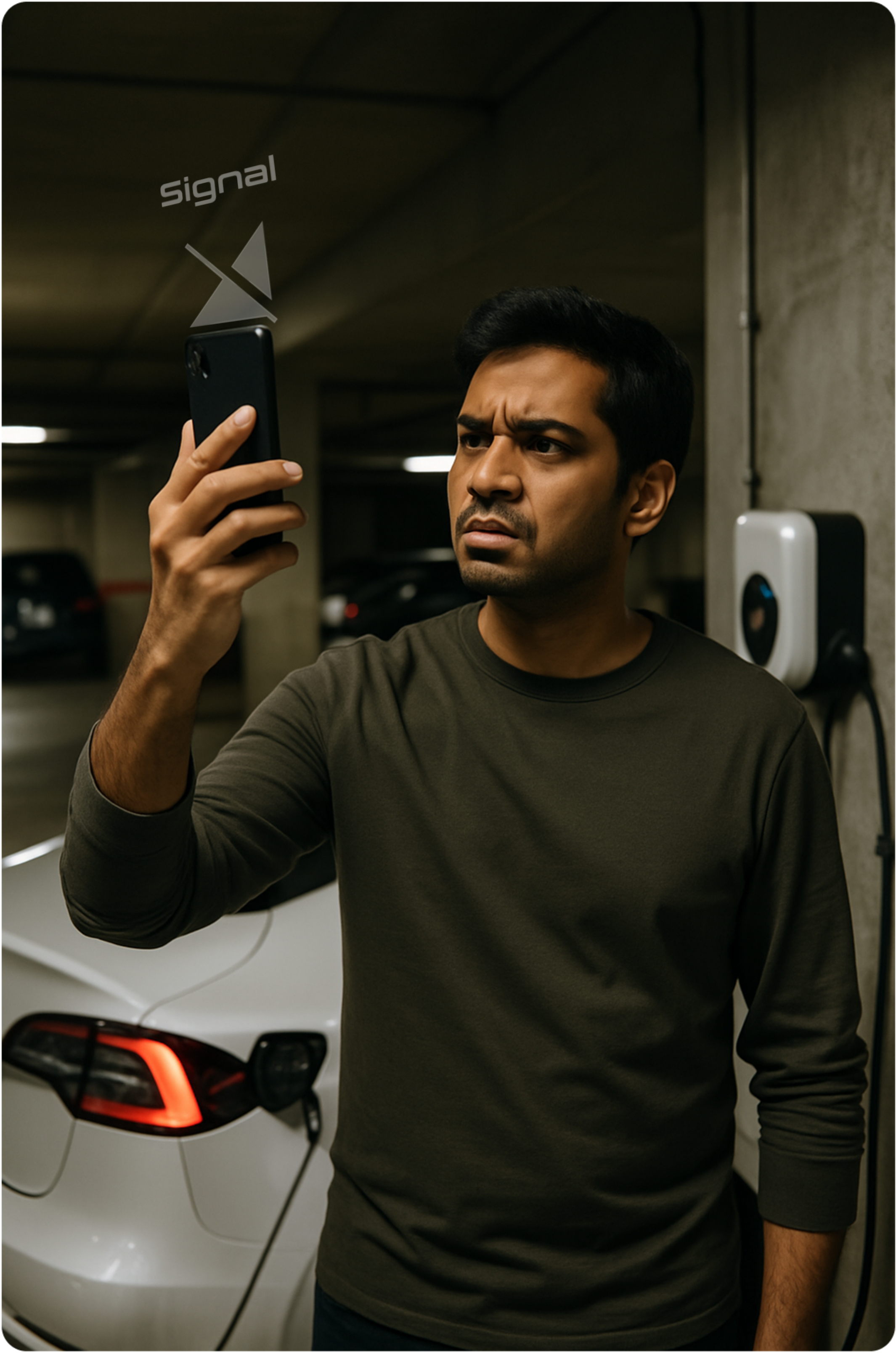 A man in a dim basement holding up his phone searching for a signal beside an EV charger
