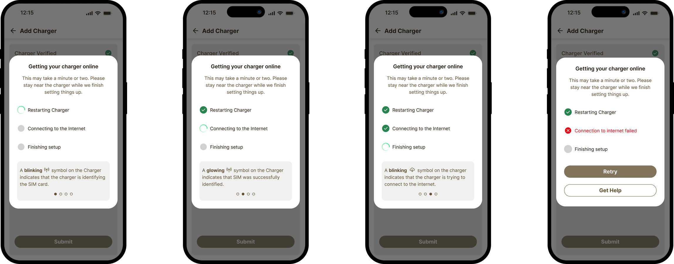 Four redesigned onboarding screens showing each setup stage in real time, including a failure state with recovery actions