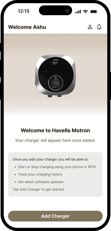 Welcome / Add Charger onboarding screen of the Havells Motron app