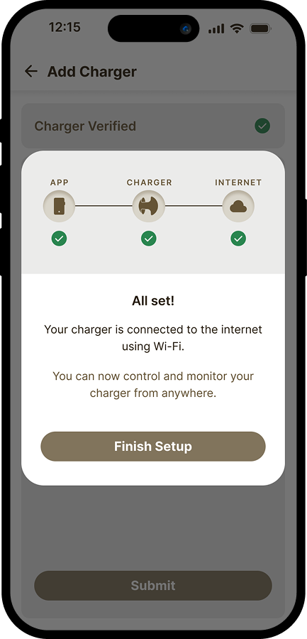 Redesigned setup-complete screen of the Havells Motron app showing App-Charger-Internet status
