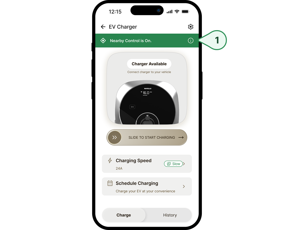EV Charger screen with a green 'Nearby Control is On' status banner