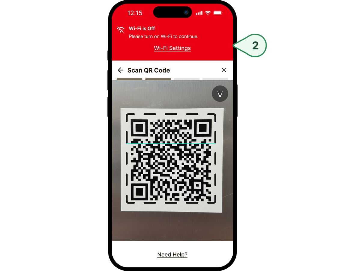 Scan QR Code screen with a red 'Wi-Fi is Off' banner linking to Wi-Fi settings