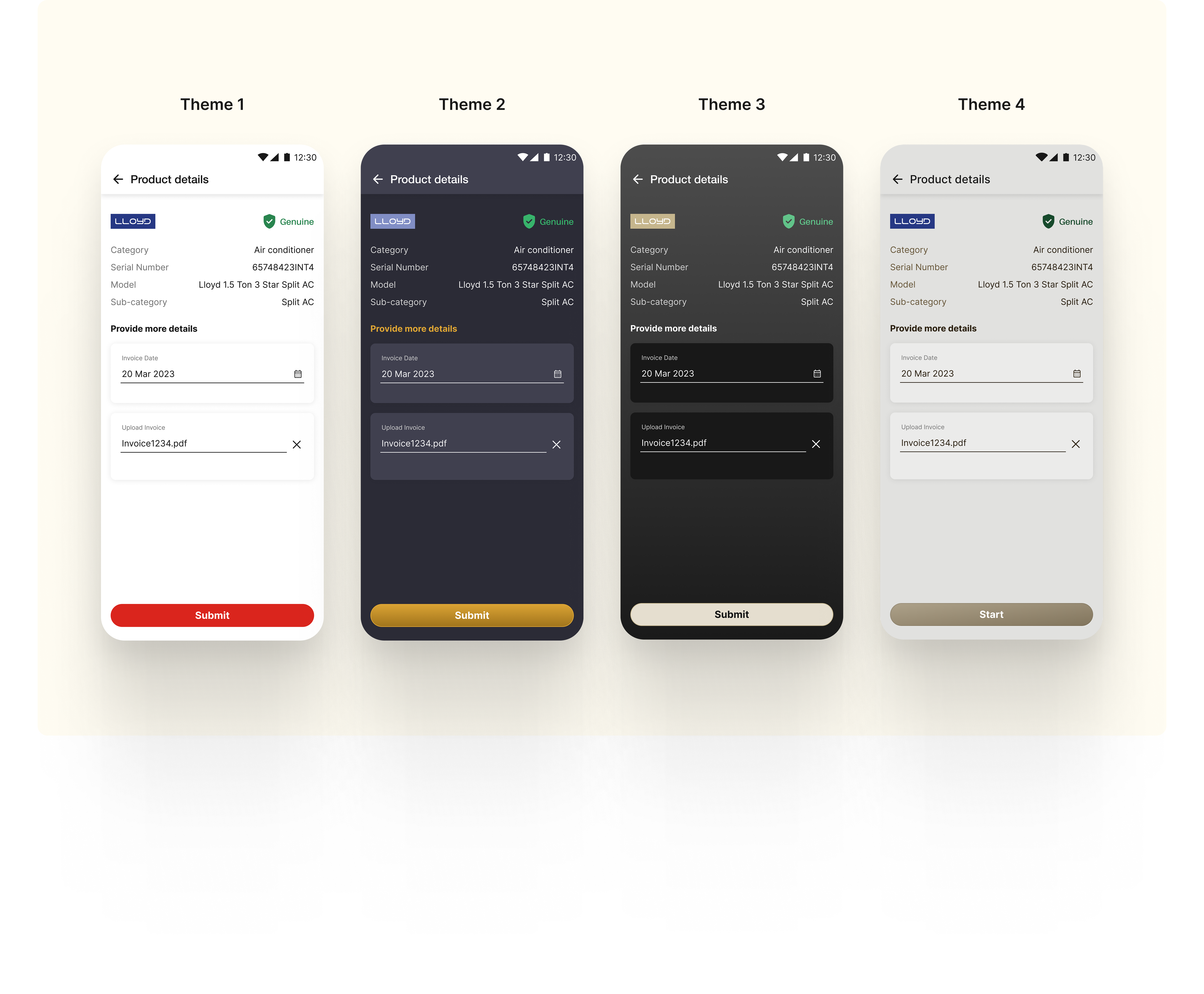 Four themes — Theme 1 (dark), Theme 2 (gold), Theme 3 (violet), Theme 4 (light)