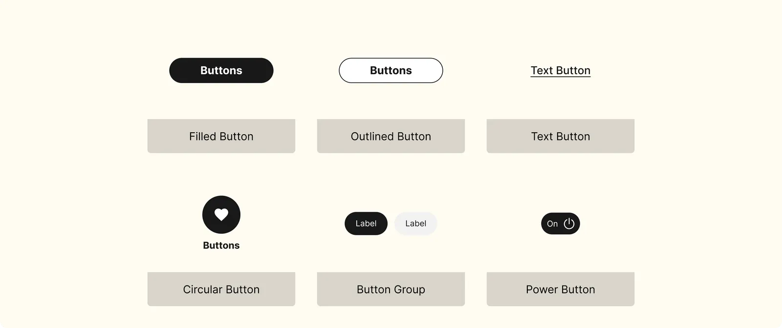 Button components — Filled, Outlined, Text, Circular, Button Group, Power Button