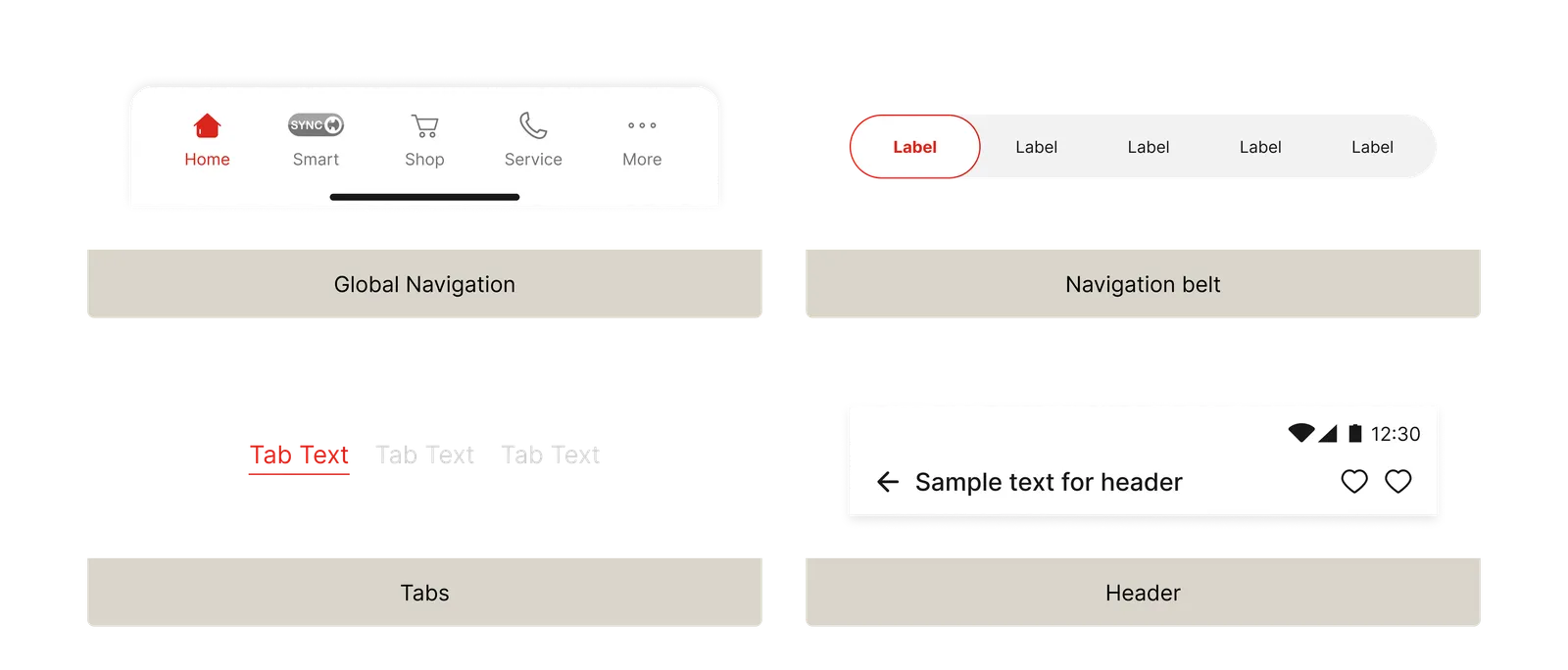 Navigation components — Global Navigation, Navigation Belt, Tabs, Header