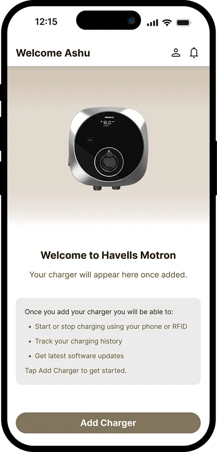 Welcome / Add Charger onboarding screen of the Havells Motron app