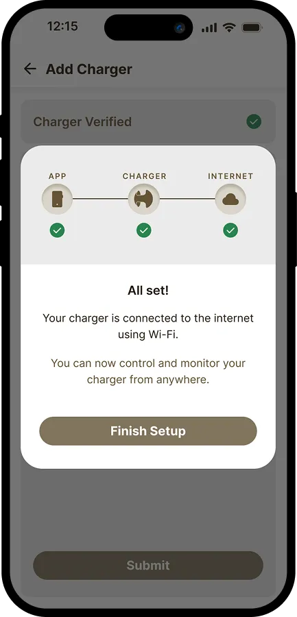Redesigned setup-complete screen of the Havells Motron app showing App-Charger-Internet status