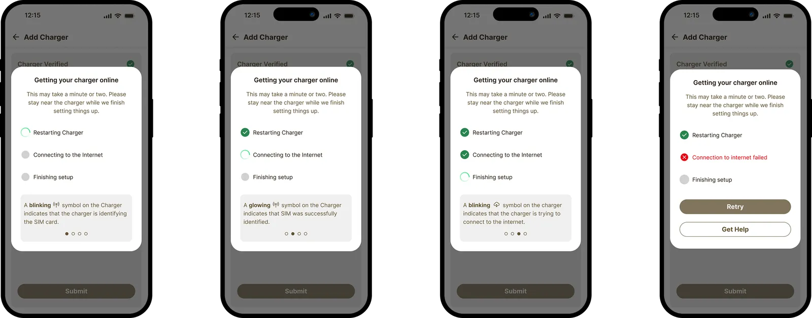 Four redesigned onboarding screens showing each setup stage in real time, including a failure state with recovery actions