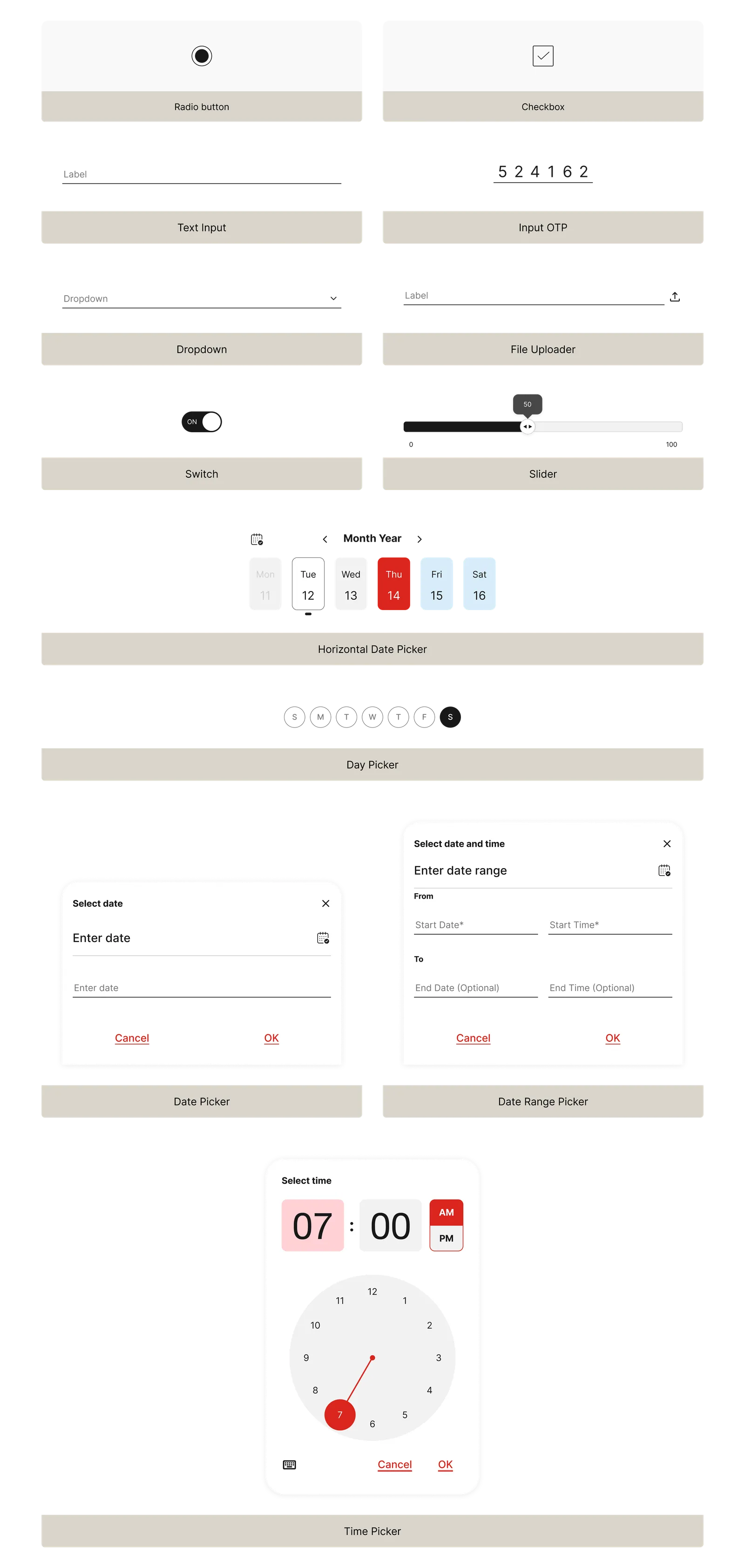Input components — Radio, Checkbox, Text Input, OTP, Dropdown, File Uploader, Switch, Slider, Date Picker, Day Picker