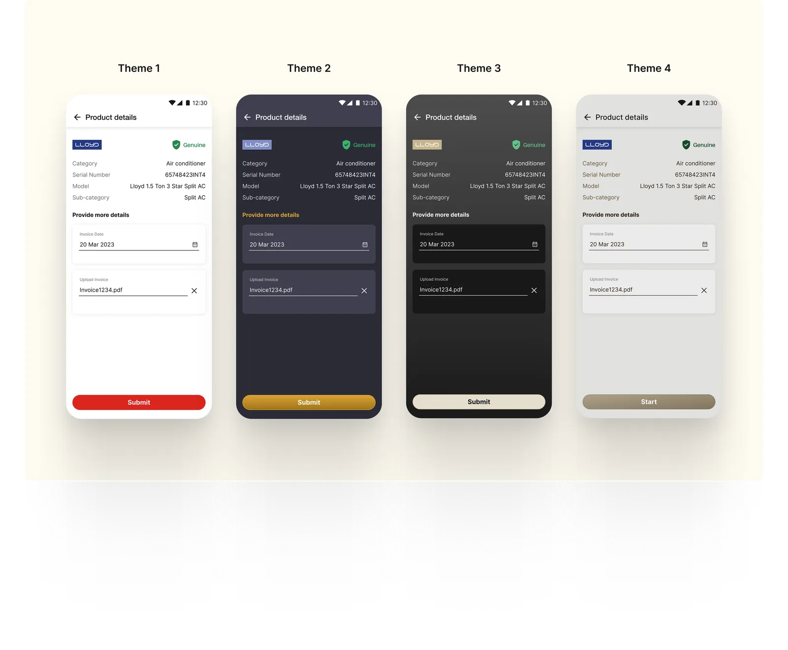 Four themes — Theme 1 (dark), Theme 2 (gold), Theme 3 (violet), Theme 4 (light)