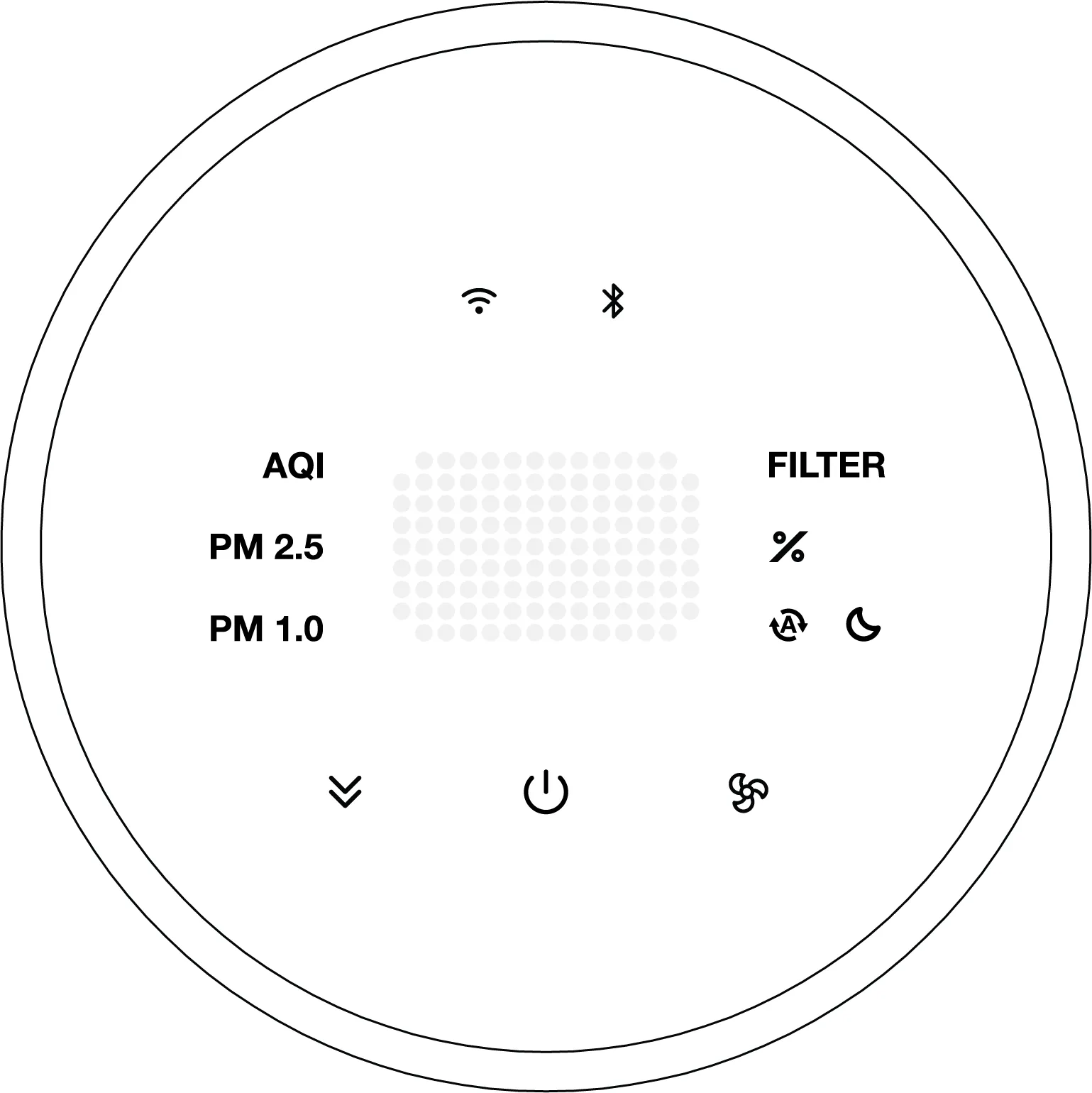 Line drawing of a round remote face with a dot matrix in the centre.