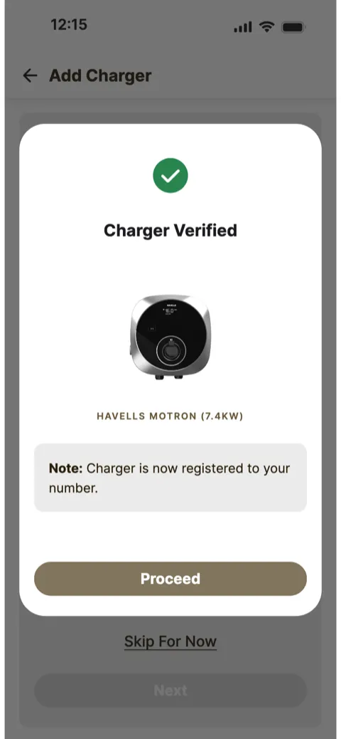 Prototype screen: Charger Verified confirmation for a 7.4 kW charger
