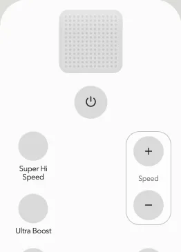 Fan remote prototype with a square dot matrix above the power and speed keys.