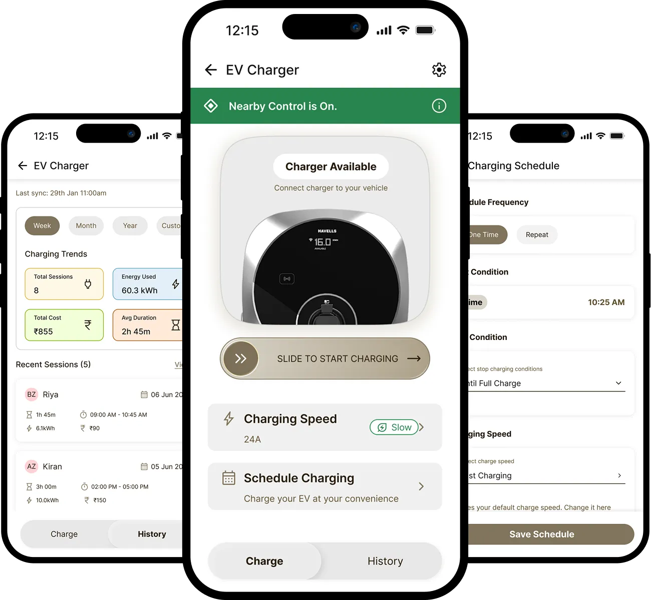 Three phone screens showing the Motron charging home, charging controls, and schedule screens