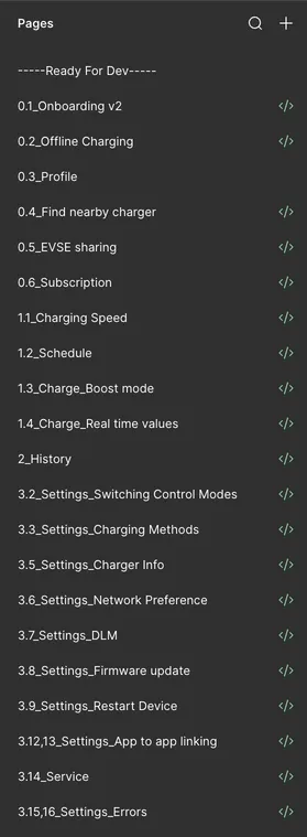 Figma pages panel listing 16 numbered sub-pages under Settings