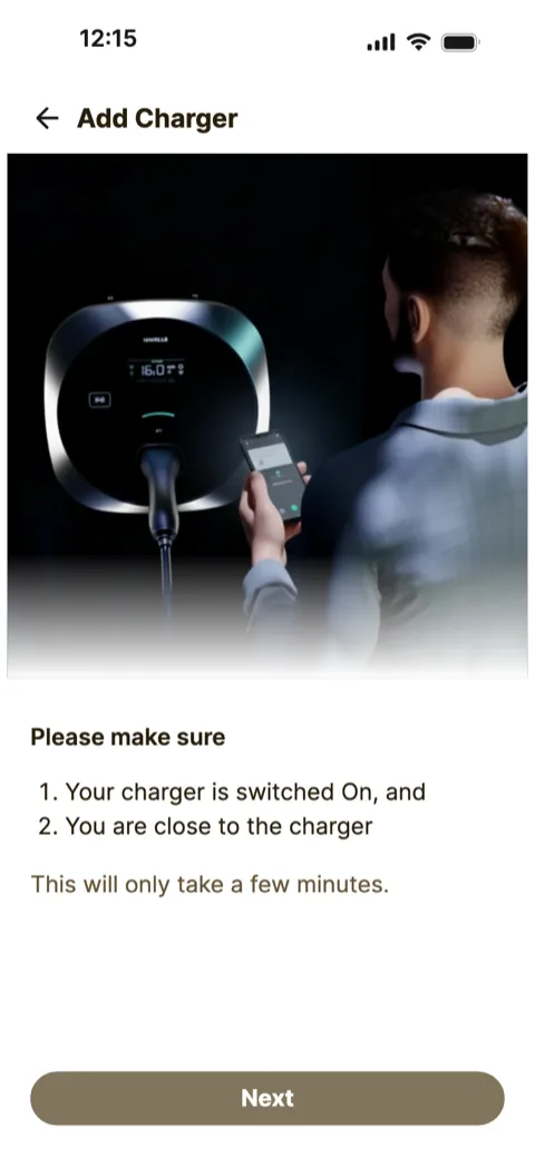 Prototype screen: Add Charger checklist asking you to switch the charger on and stay close to it